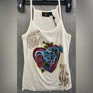 Christian Audigier Vintage Studded Soft Silky White/Gold Tank Size L NWT